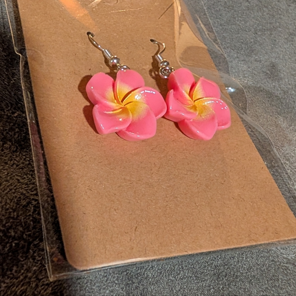 Pink and Yellow Flower Earrings - Picture 2 of 5